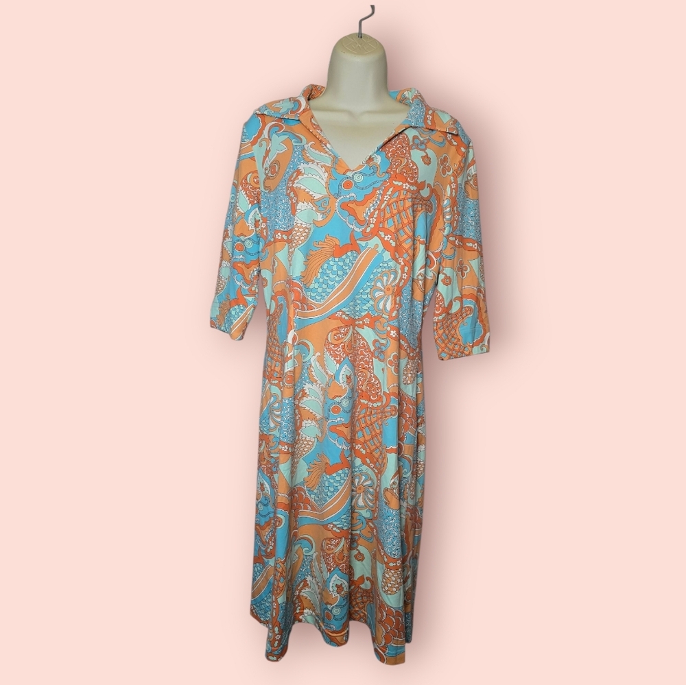 J. McLaughlin Carly Catalina Cloth Blue/Orange Koi Fish Paisley 3/4 Sleeve Dress